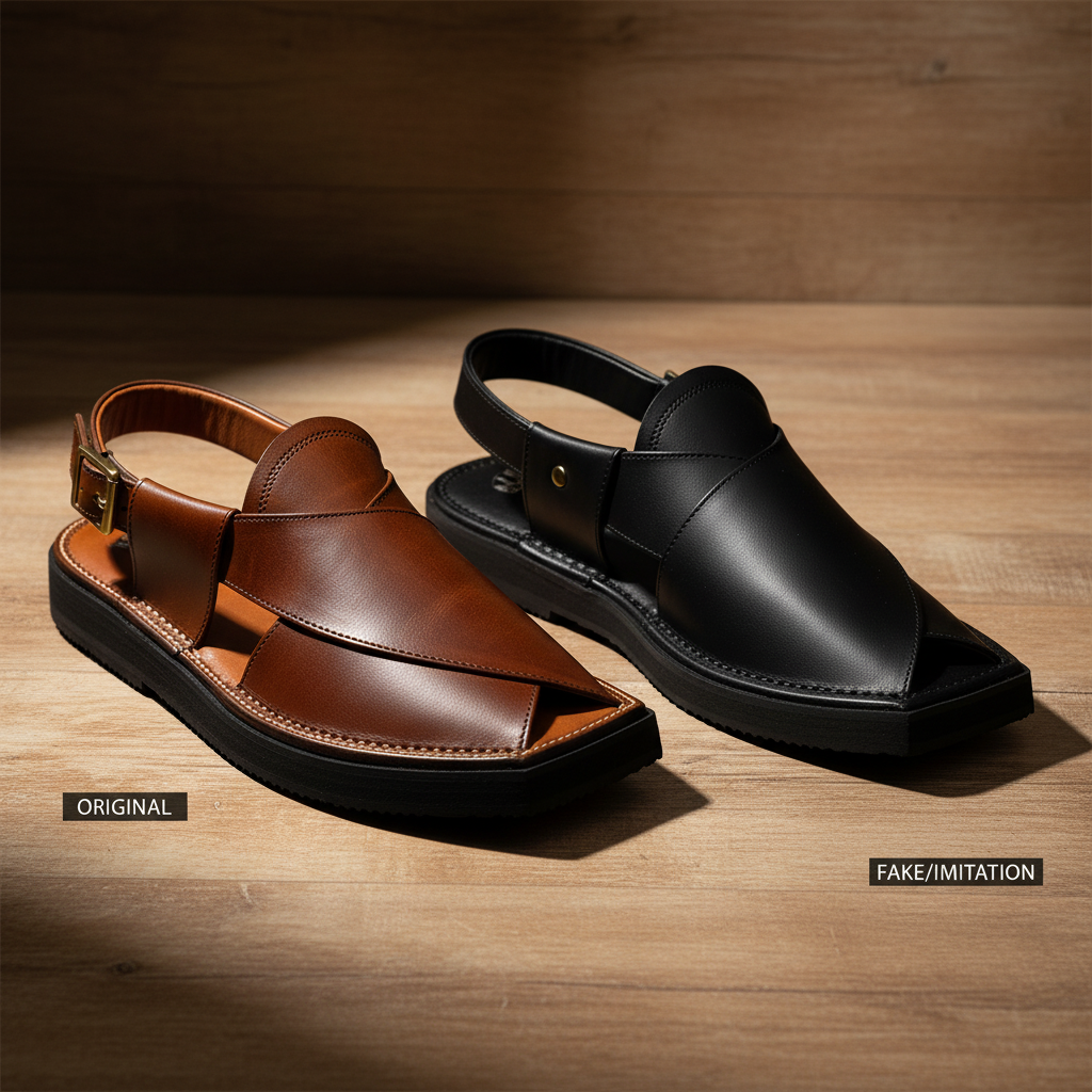 “Original vs Fake Peshawari Chappal comparison showing leather quality and craftsmanship”